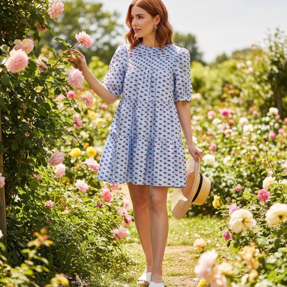 Find Me Now XS Womens Mini Dress Dog Print Blue Red Baby Doll Twee Cottage Retro